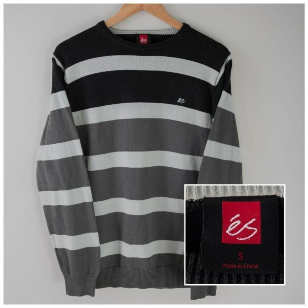 Vintage Skater 90s Y2K Es Skateboarding Black Gray Striped Mens Crewneck Sweater